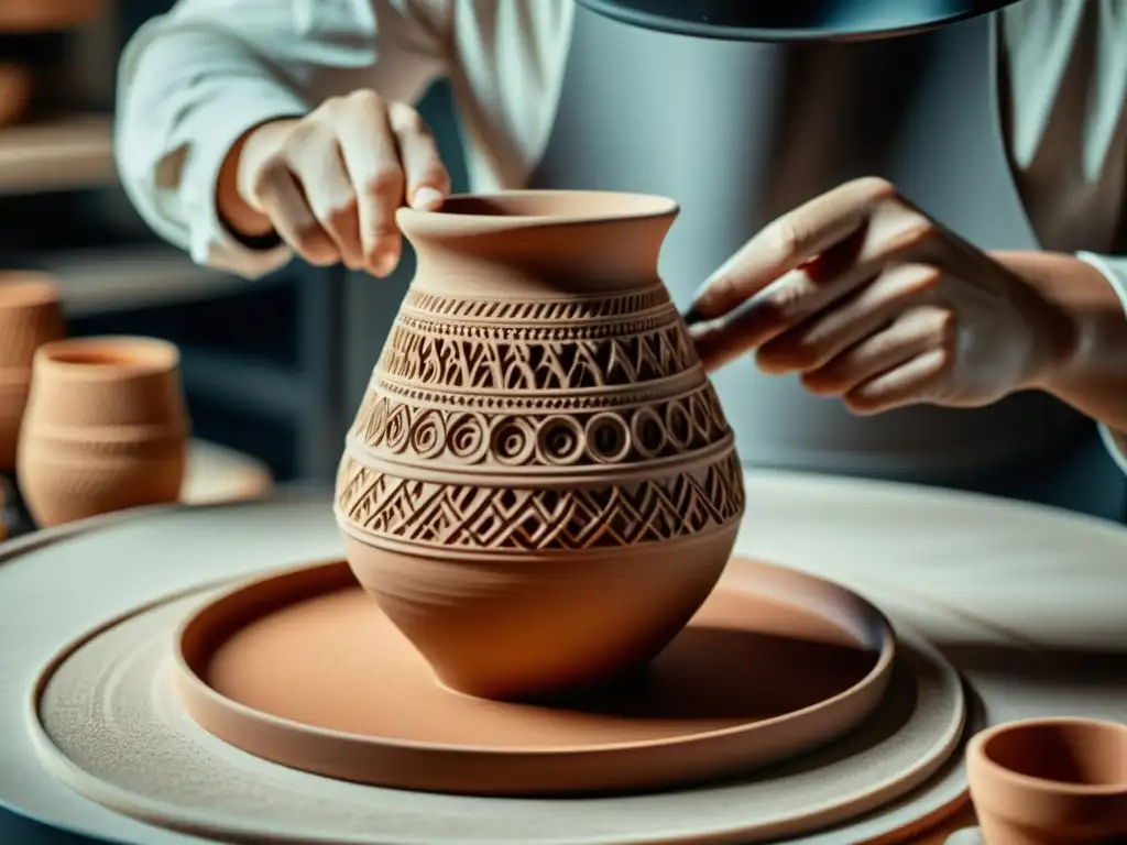 Artesana cerámica detalla vaso mientras impresión 3D replica diseño, fusionando tradición y tecnología