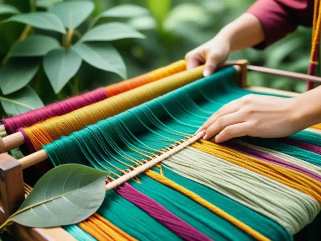 Una artesana teje con dedicación hilos de colores en una tela sostenible, rodeada de elementos naturales