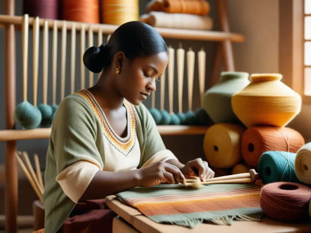 Artesana tejiendo en estudio acogedor con hilos de colores y herramientas tradicionales, evocando nostalgia y artesanía