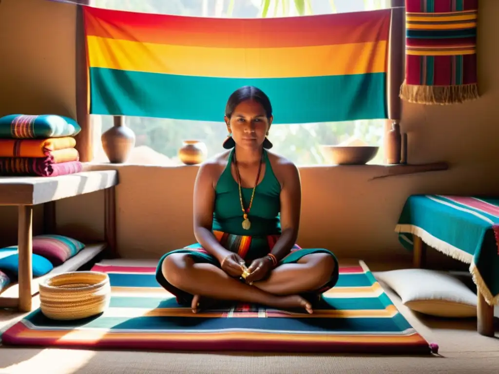 Una artesana indígena teje con concentración en un ambiente cálido y lleno de color, rodeada de herramientas y textiles tradicionales