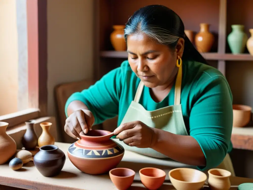 Artesana indígena crea cerámica colorida en taller artesanal con luz natural