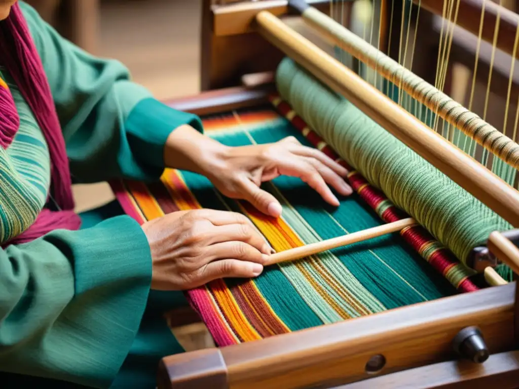 Artesana indígena teje con cuidado patrones tradicionales en telar de madera, conservación de técnicas artesanales indígenas con tecnología