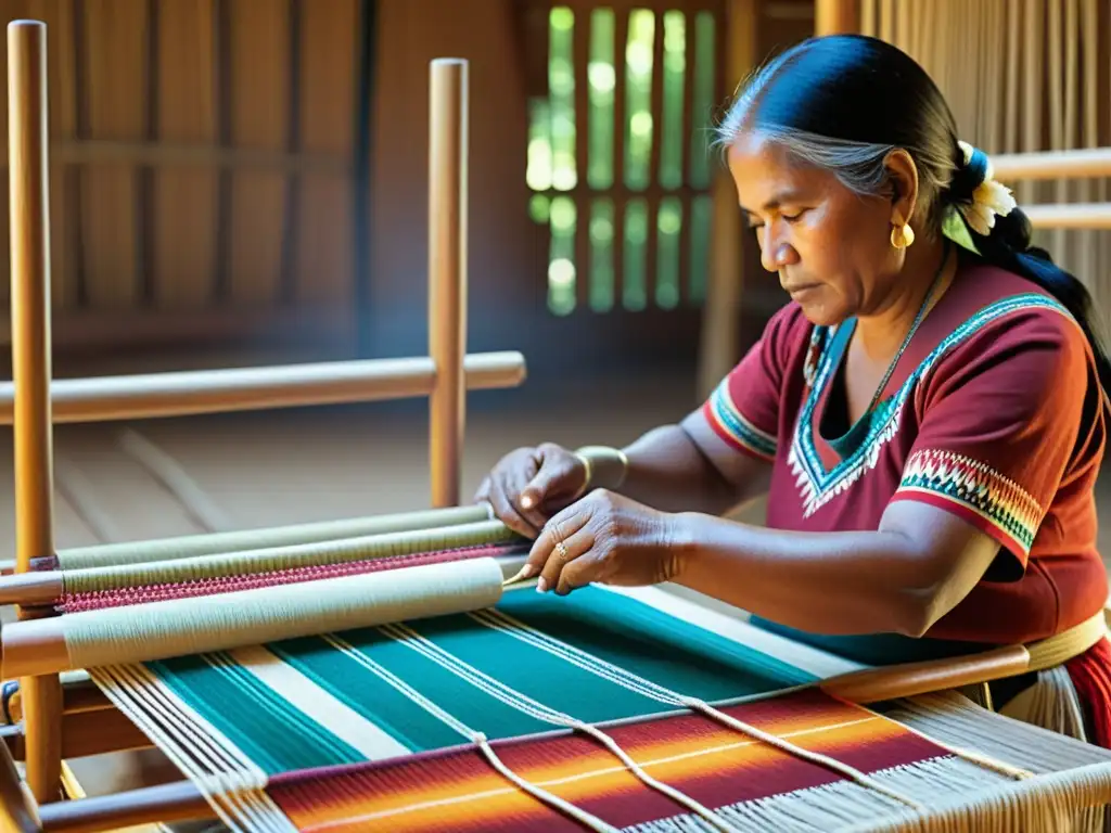 Artesana indígena tejiendo textil en telar de madera con patrones vibrantes, evocando identidad y tradición artesanal