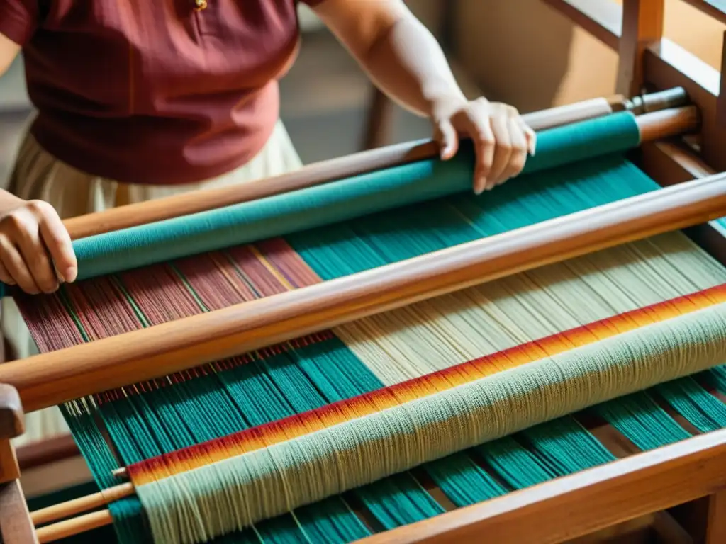 Artesana teje con pasión en telar de madera, creando piezas únicas con hilos coloridos