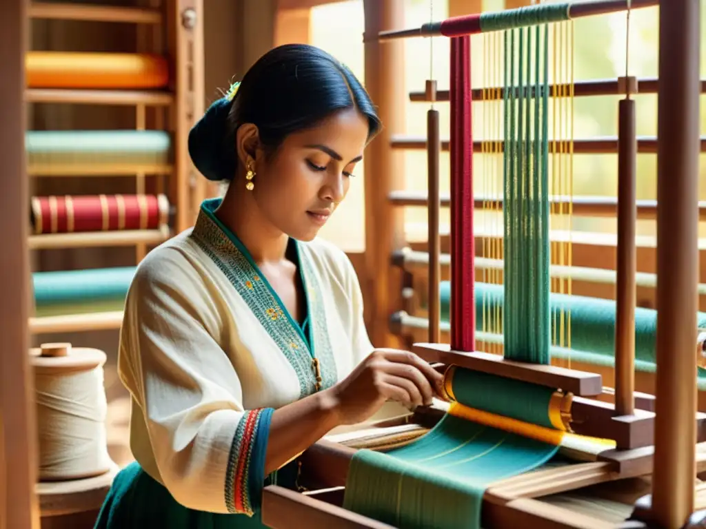 Artesana trabajando en telar de madera rodeada de hilos de colores y patrones tejidos, en una escena nostálgica iluminada por el sol