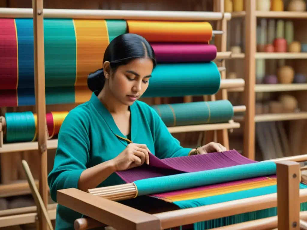 Artesana tejiendo un patrón colorido en telar de madera, fusionando artesanía tradicional con tecnología digital