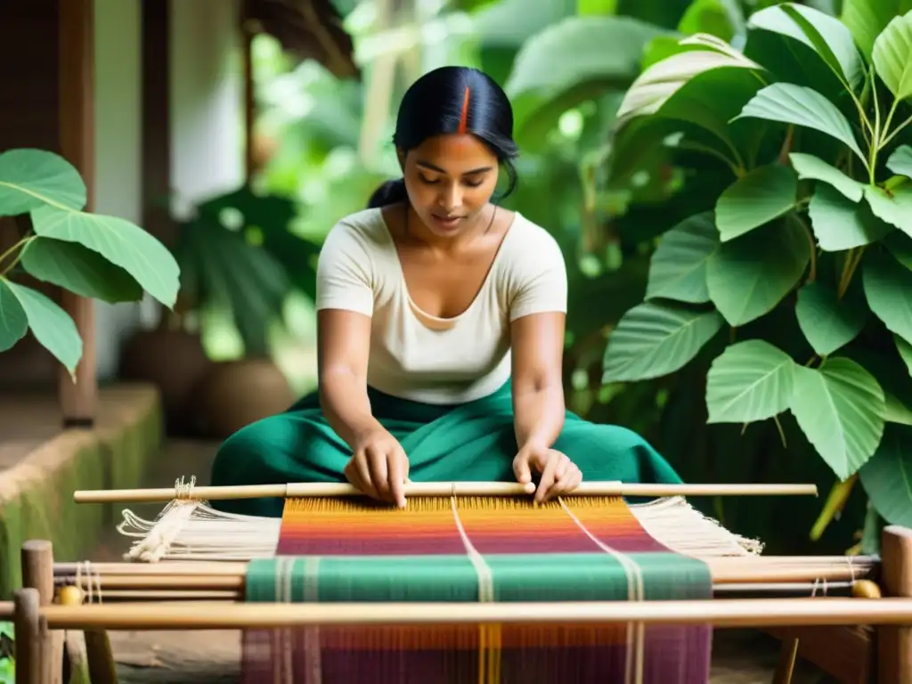 Artesana tejiendo textil ecoamigable rodeada de vegetación, evocando tradición y diseño artesanal con herramientas digitales