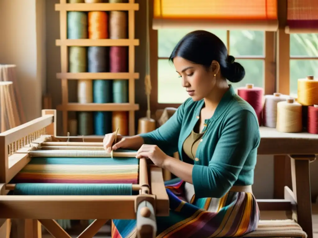 Una artesana tradicional tejiendo en un telar de madera, creando un patrón colorido