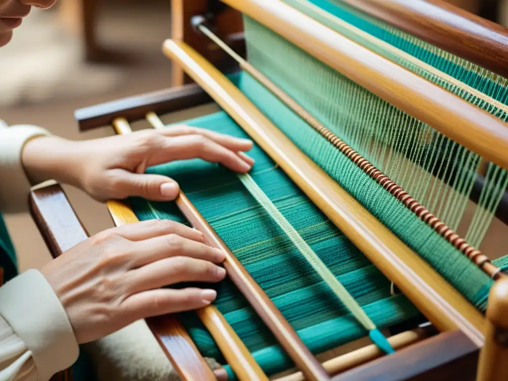 Artesana tejiendo en telar vintage con trazabilidad en materiales y artesanía digital