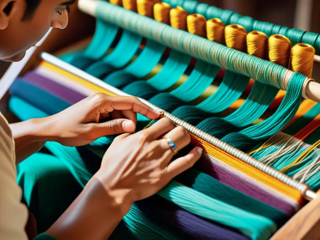 Fotografía artesanal para capturar la belleza de la tradición: manos hábiles tejen hilos coloridos en un textil con sombras cálidas y detalles nítidos