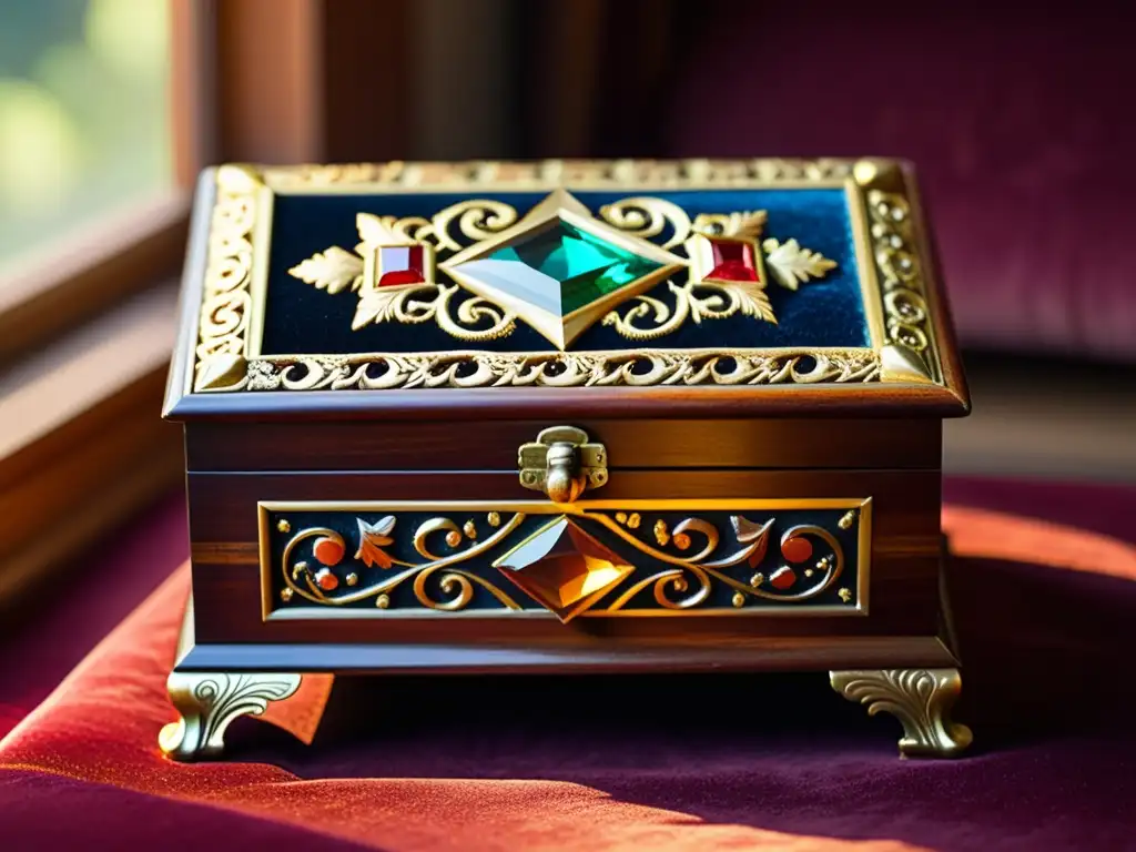 Una fotografía de joyería artesanal: caja de madera antigua con detalles de latón y gemas centelleantes en terciopelo, bañada por cálidos rayos de sol