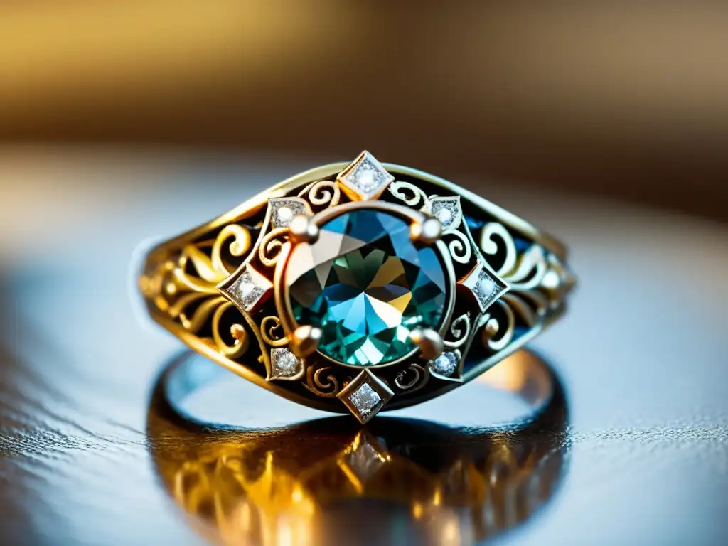 Fotografía de joyería artesanal: Detalle de un hermoso anillo vintage con intrincado metal y una deslumbrante gema en un delicado engaste