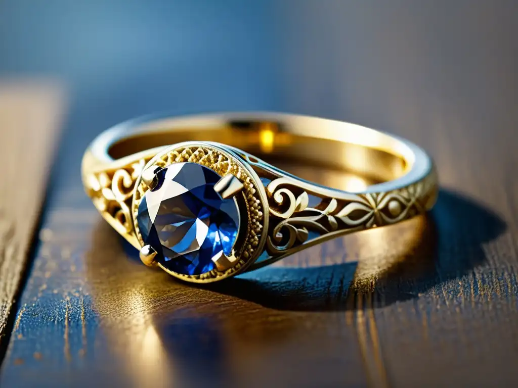 Fotografía de joyería artesanal: Detalle único de un anillo de oro vintage con filigranas y zafiro azul