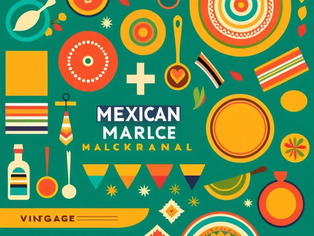 Infografía artesanal digital de un animado mercado mexicano con artesanías de cerámica, textiles y joyería, evocando autenticidad y nostalgia