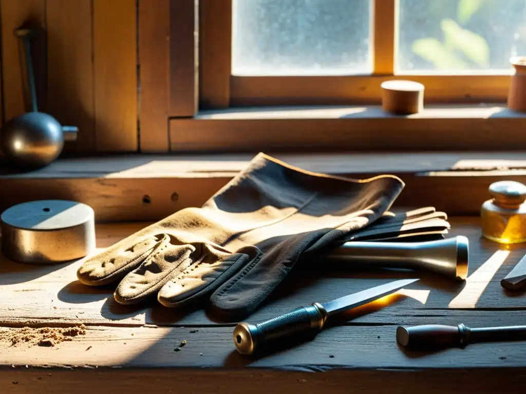 Una fotografía artesanal digital: documentando el proceso creativo de un banco de trabajo de madera desgastado, iluminado por una suave luz dorada