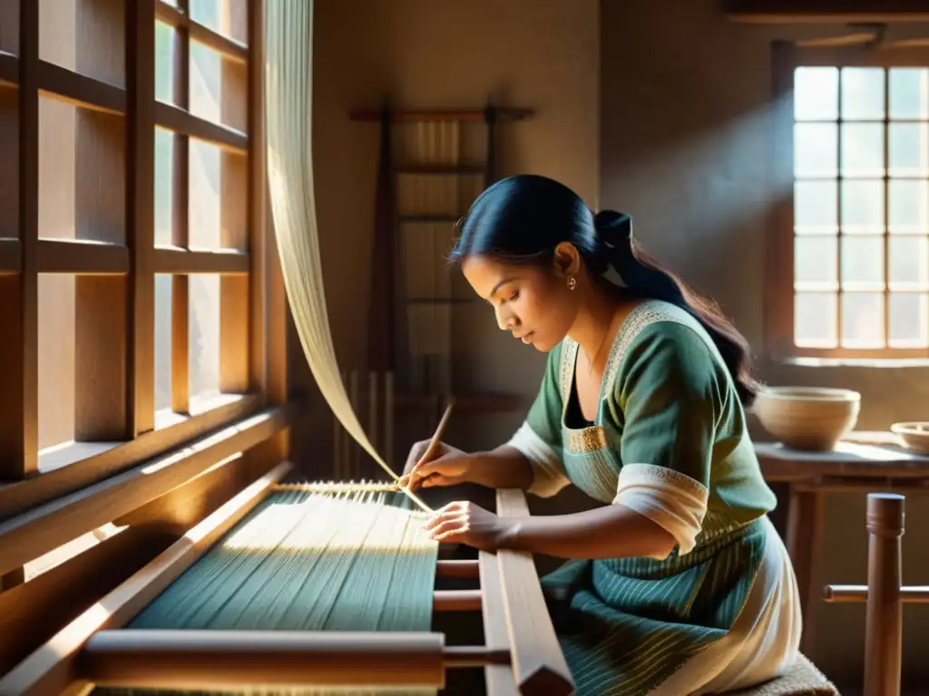 Producción artesanal digital sostenible: Artesano tejiendo textiles en telar de madera con luz natural y herramientas vintage