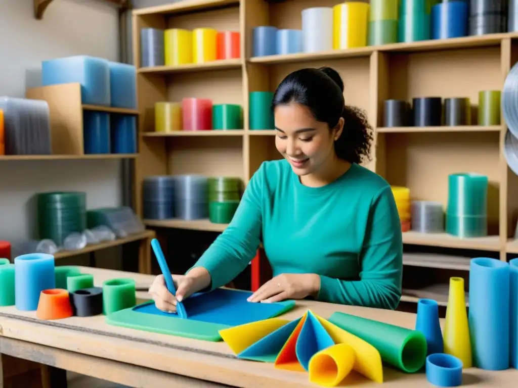 Innovación artesanal plástico 3D: artesano crea con materiales reciclados en un taller nostálgico y lleno de color