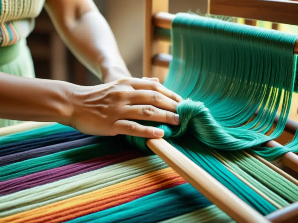 Innovación en producción artesanal sostenible: manos expertas tejiendo fibras coloridas para crear una hermosa obra de arte textil ecológica