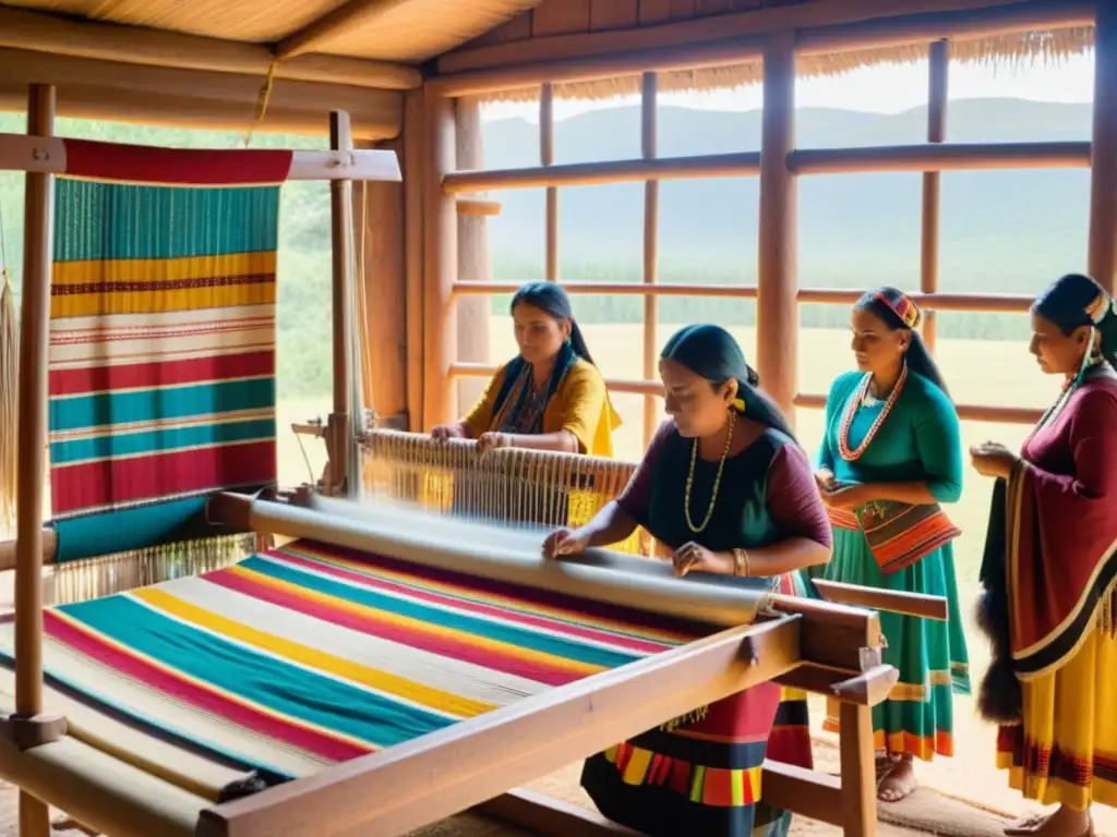 Artesanas indígenas tejiendo prendas coloridas en telar, en un taller rústico iluminado por la cálida luz del sol