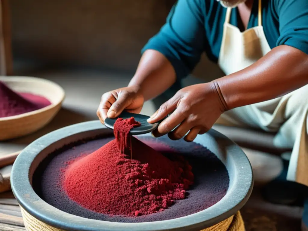 Artesanía ancestral: extracción de tinte rojo de cochinilla con herramientas tradicionales, en una imagen detallada y vibrante