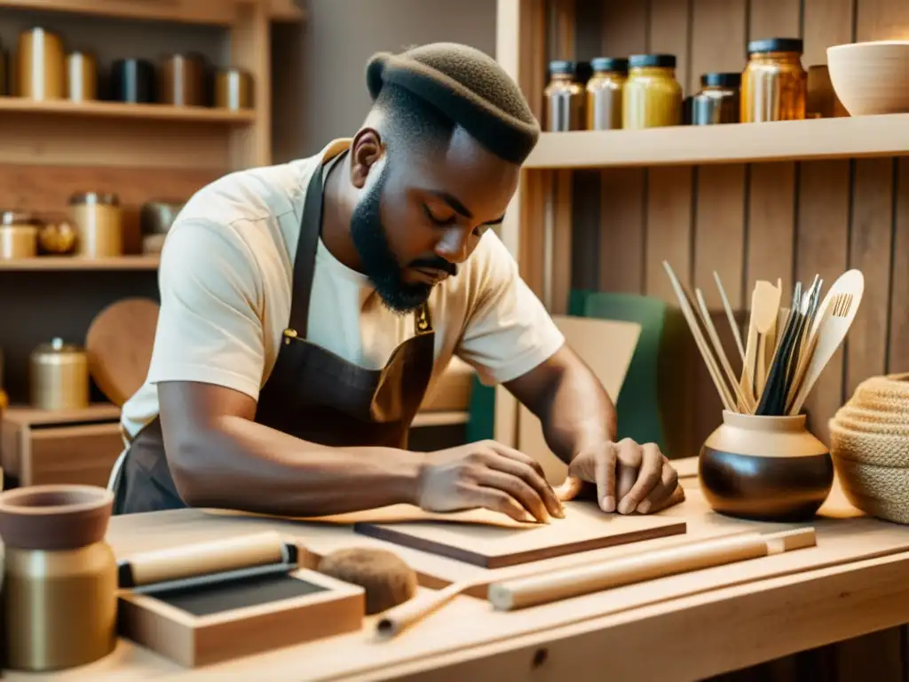 Artesanía digital cero emisiones: Un artesano crea una obra de arte rodeado de materiales ecológicos, con tonos cálidos y un enfoque dedicado