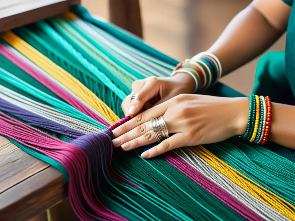 Artesanía digital inclusiva tecnología: manos hábiles tejiendo coloridos hilos en un telar de madera, con elegantes adornos vintage