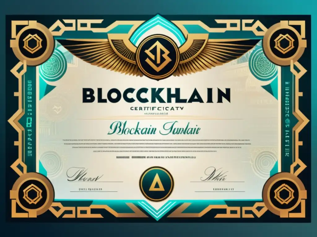 Certificación blockchain para artesanía digital: Intrincado certificado vintage con símbolos blockchain y elementos digitales artísticos, evocando autenticidad y tradición en el mundo digital