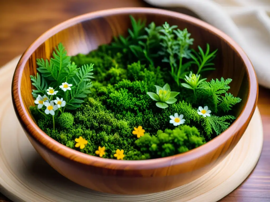 Artesanía digital con materiales vivos: un cuenco de madera tallada con musgo y flores silvestres, evocando una estética vintage atemporal