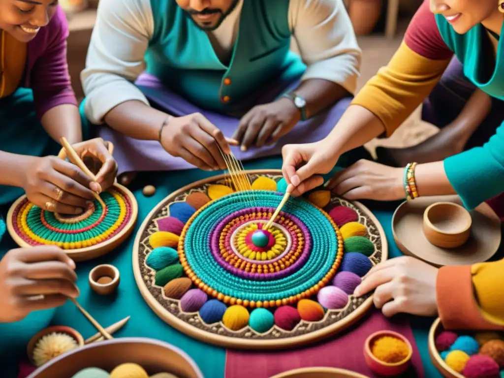 Artesanía digital como puente cultural: obra de arte digital que representa la colaboración y diversidad en la creación de una pieza artesanal tradicional