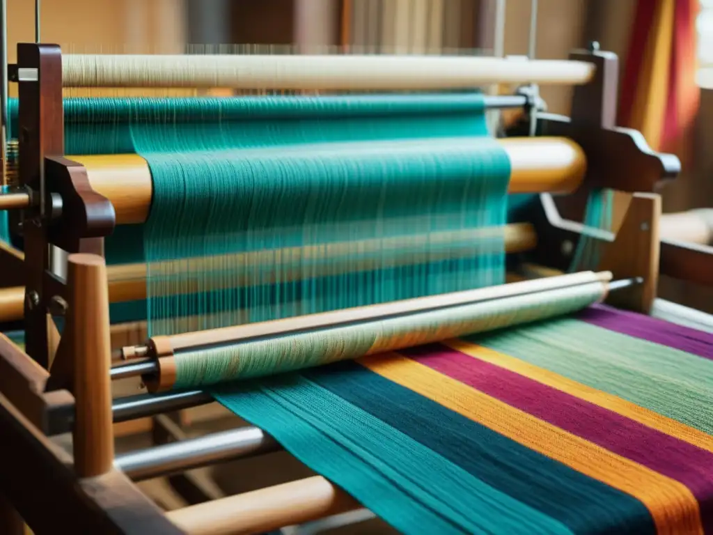 Artesanía digital como puente cultural: Loom vintage tejiendo patrón textil con artesanos diversos