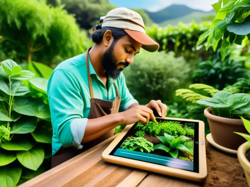 Artesanía digital sostenible en un entorno de permacultura, fusionando arte y naturaleza en armonía