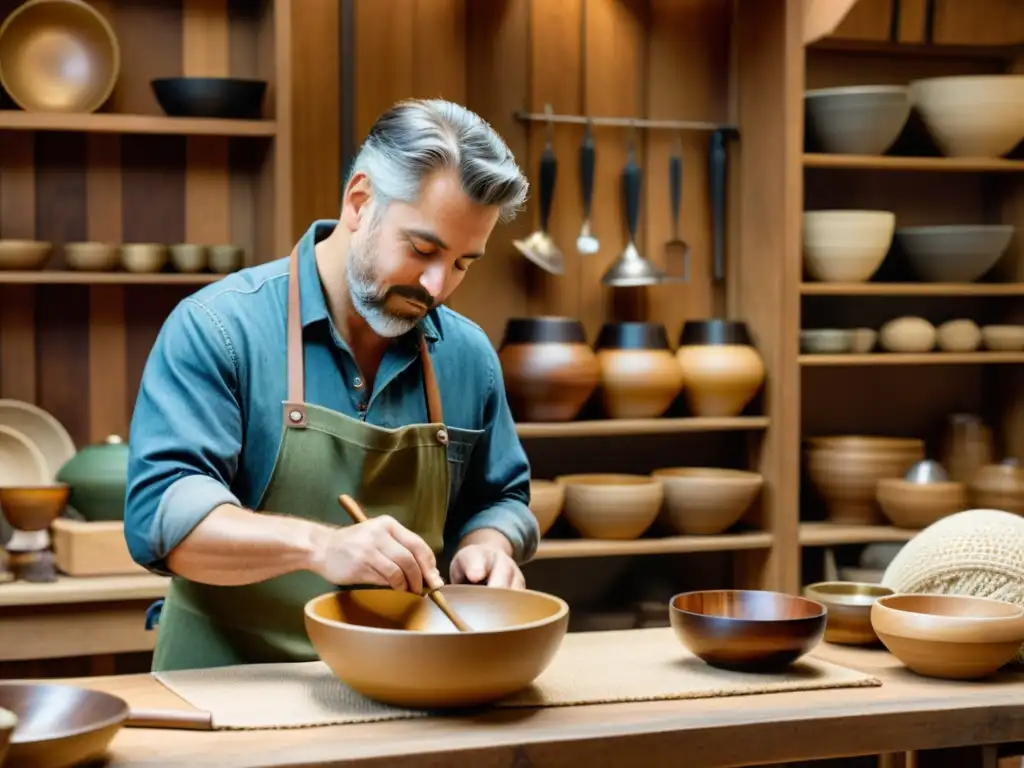 Artesanía ecosostenible: artesano trabaja en taller vintage rodeado de productos ecológicos, destaca calidez y autenticidad