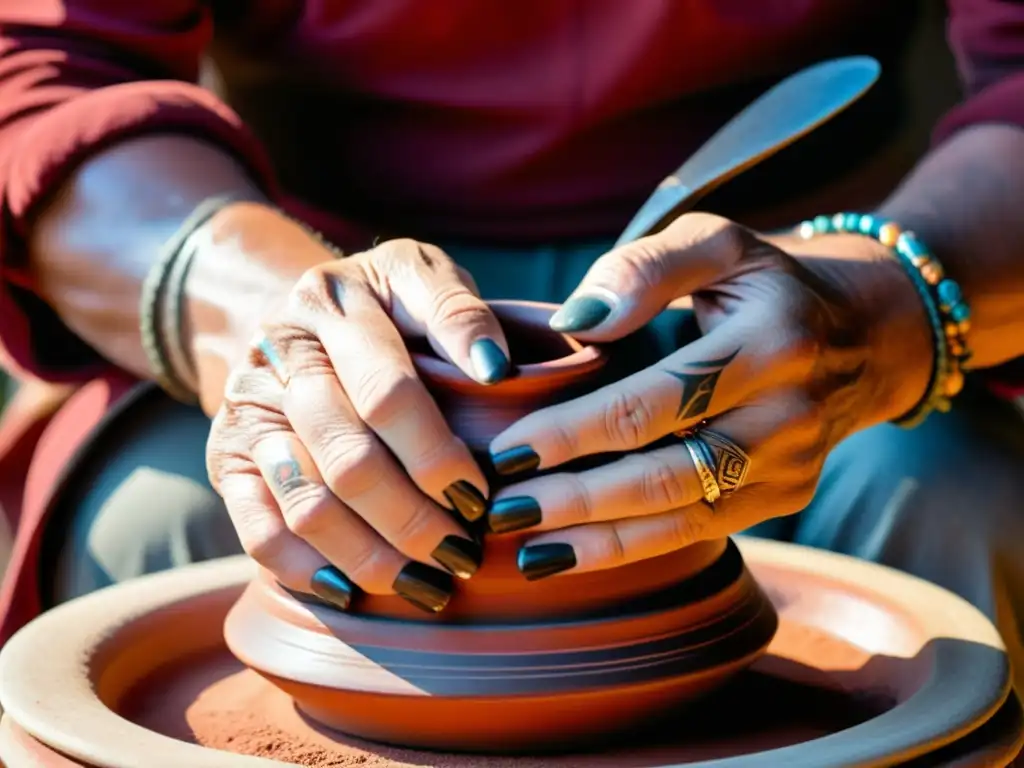 Artesanía española en la era digital: Un artesano moldea delicadamente cerámica roja, creando una pieza tradicional bajo la cálida luz del sol