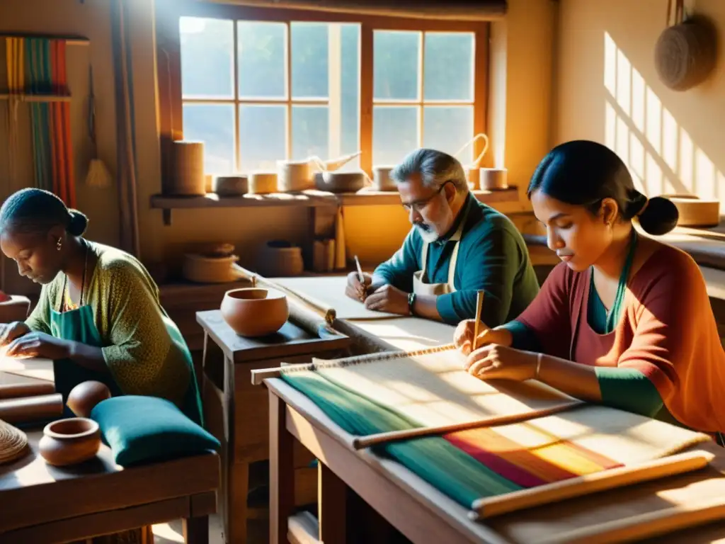 Artesanía inclusiva en la era digital: Diversos artesanos tejen patrones en un taller vintage bañado por la cálida luz de la tarde