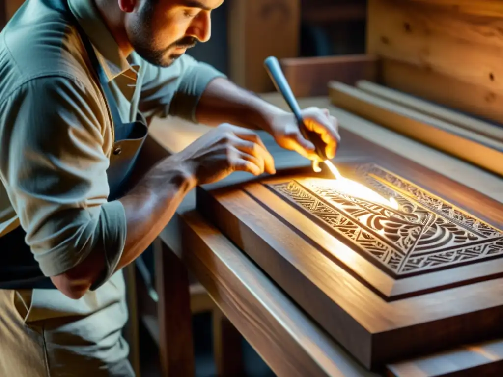 Artesanía en larga exposición: un artesano tallando madera bajo la cálida luz de una bombilla expuesta, capturando la dedicación y precisión artesanal