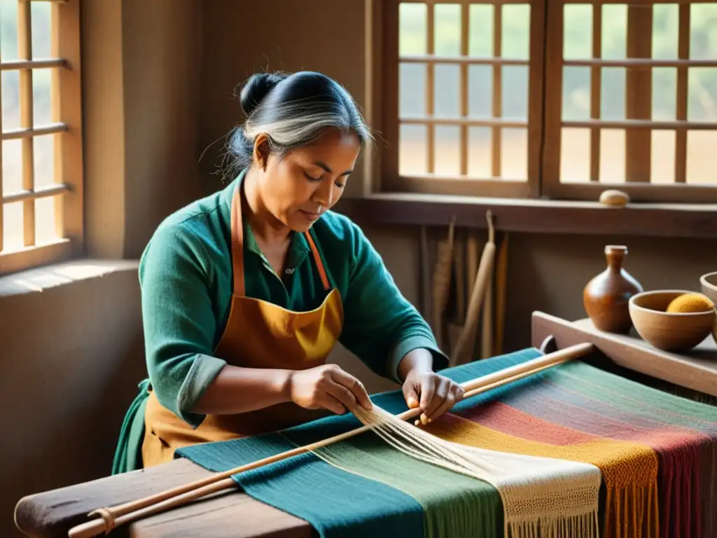 Artesanía sostenible en la era digital: un artesano teje con cuidado hilos coloridos rodeado de herramientas de madera y telas teñidas