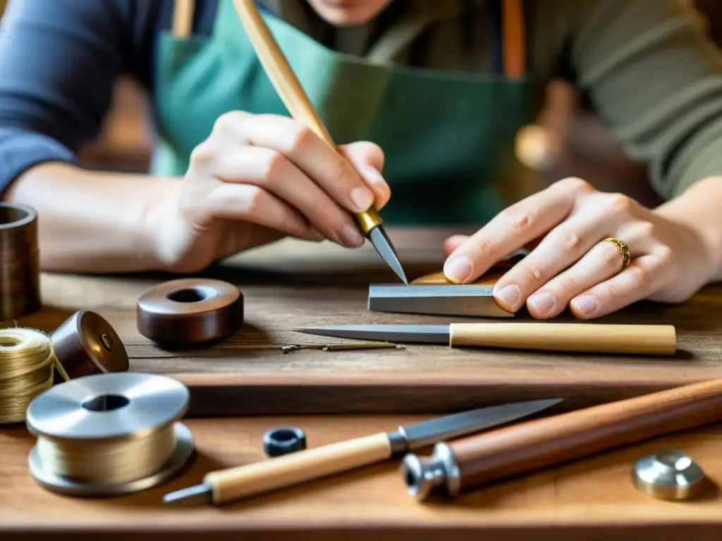 Artesanía sostenible y tradicional en una atmósfera cálida y nostálgica, donde las manos elaboran joyería con equilibrio entre lo antiguo y lo moderno