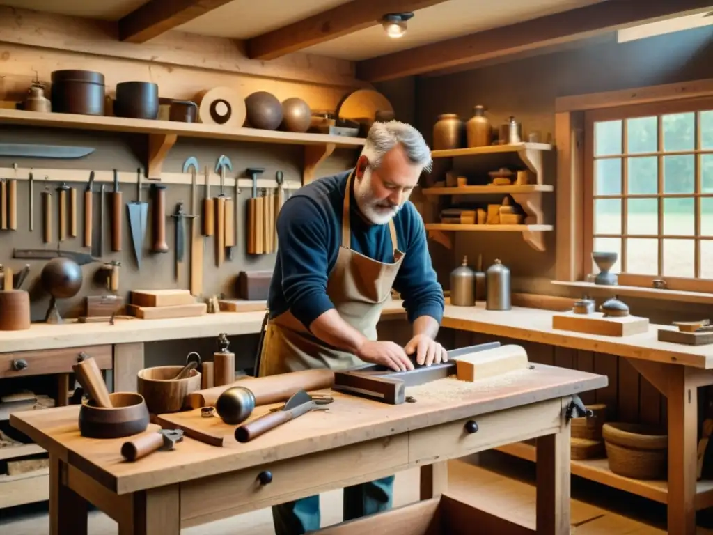 Artesanía de la carpintería en un taller vintage con herramientas antiguas y un carpintero trabajando en una pieza de madera