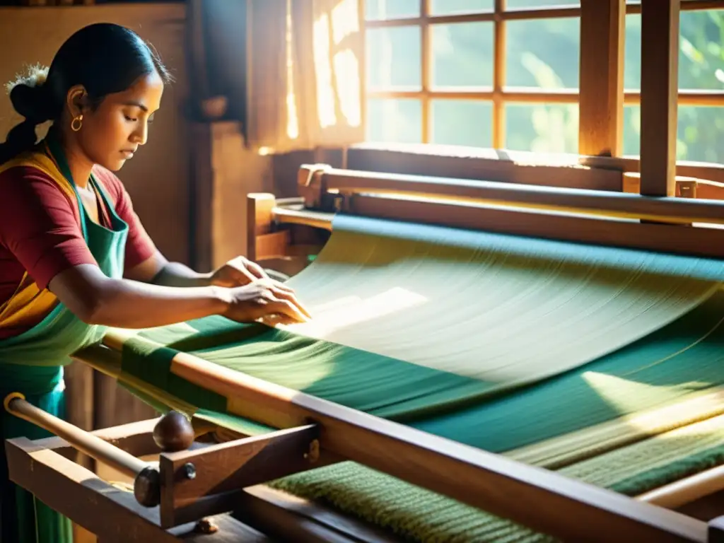 Artesanía textil en moda ética: Hábiles artesanos tejen patrones e hilos vibrantes en telares tradicionales, bañados por la cálida luz del sol