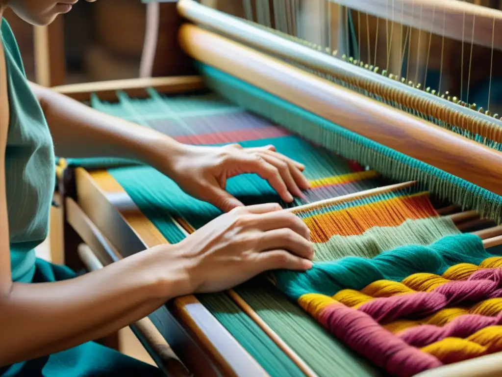 Artesanía textil tradicional innovadora: artesana teje una colorida y detallada tela en telar de madera vintage con destreza y cuidado