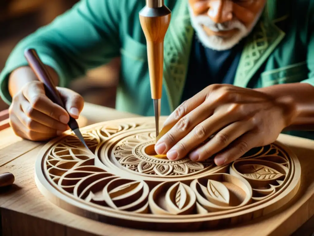 Artesanía tradicional: un artesano talla diseños en madera, rodeado de herramientas vintage, con iluminación suave destacando los detalles