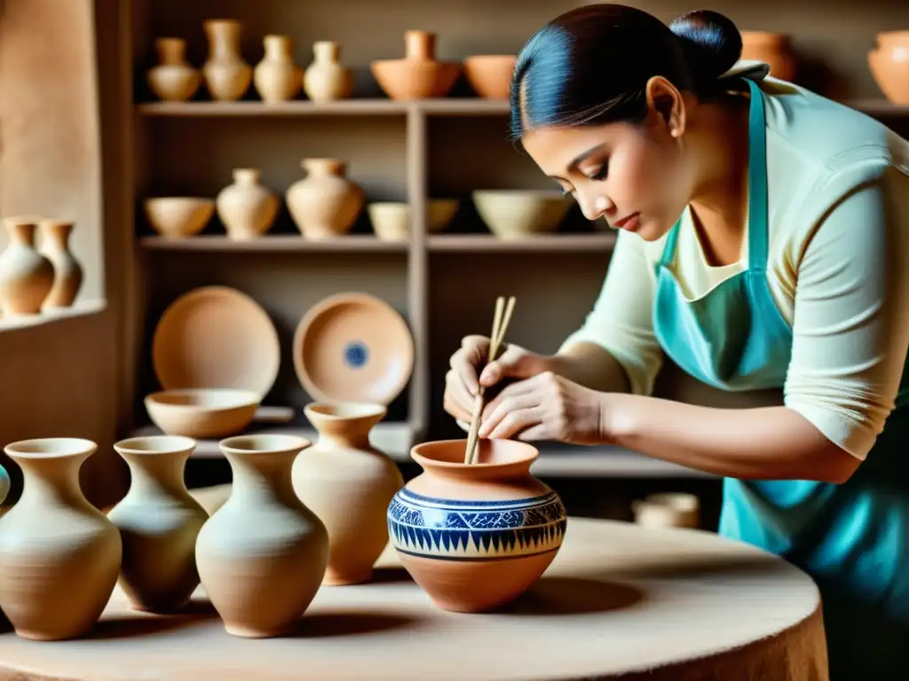 Artesanía tradicional cerámica digital: Taller de cerámica tradicional con artesanos pintando a mano piezas delicadas, resaltando su textura y color