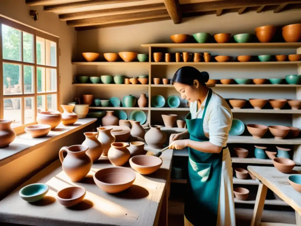 Artesanía tradicional cerámica: taller vintage con artesanos creando intrincadas piezas de cerámica, bañados por la cálida luz del sol