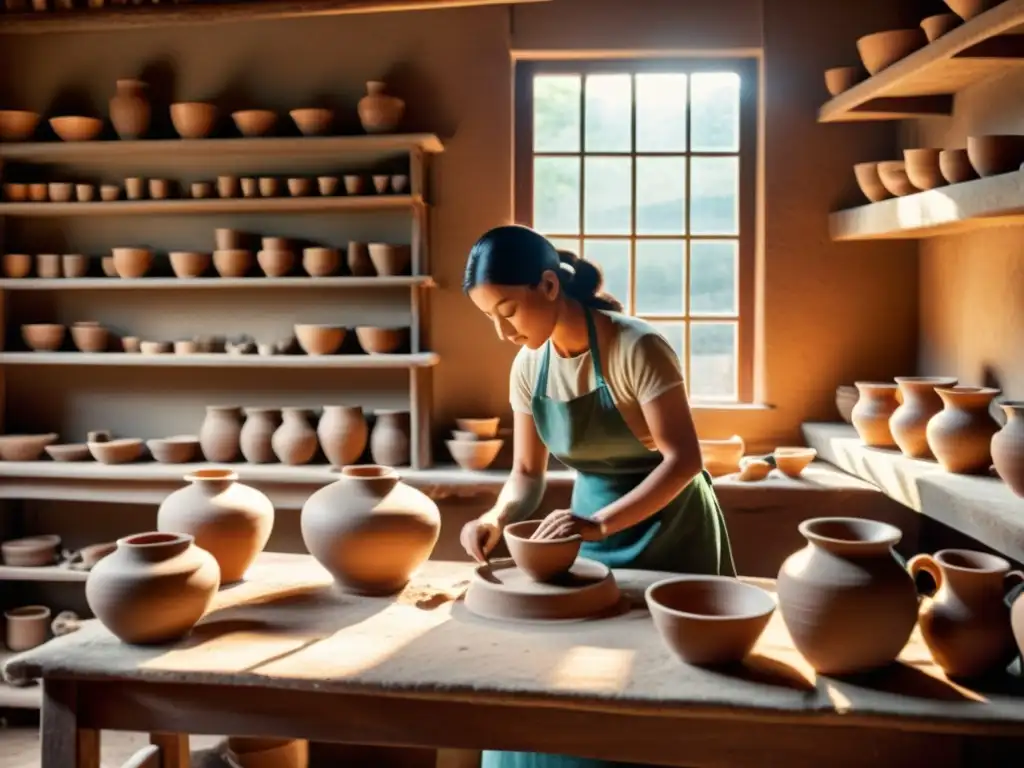 Artesanía tradicional cerámica: taller de alfarería con artesanos moldeando arcilla en rueda, rodeados de piezas hechas a mano y luz cálida entrando por las ventanas