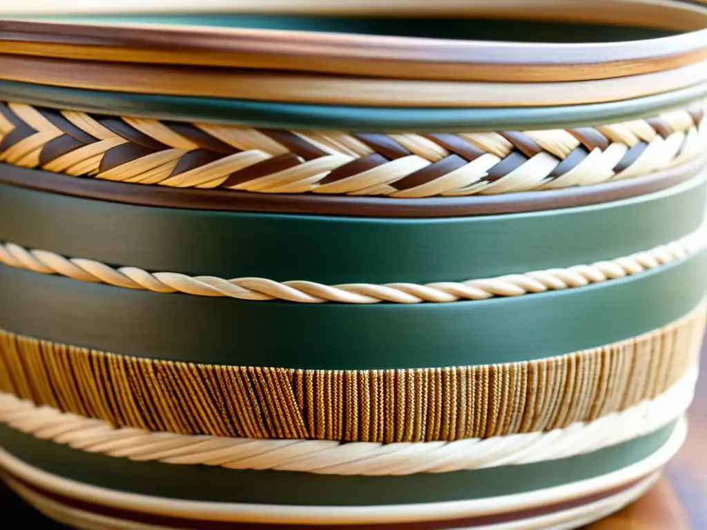 Cesta artesanal tejida a mano con fibras naturales en un patrón geométrico Artesanía tradicional: cesto tejido a mano con fibras naturales en un patrón geométrico