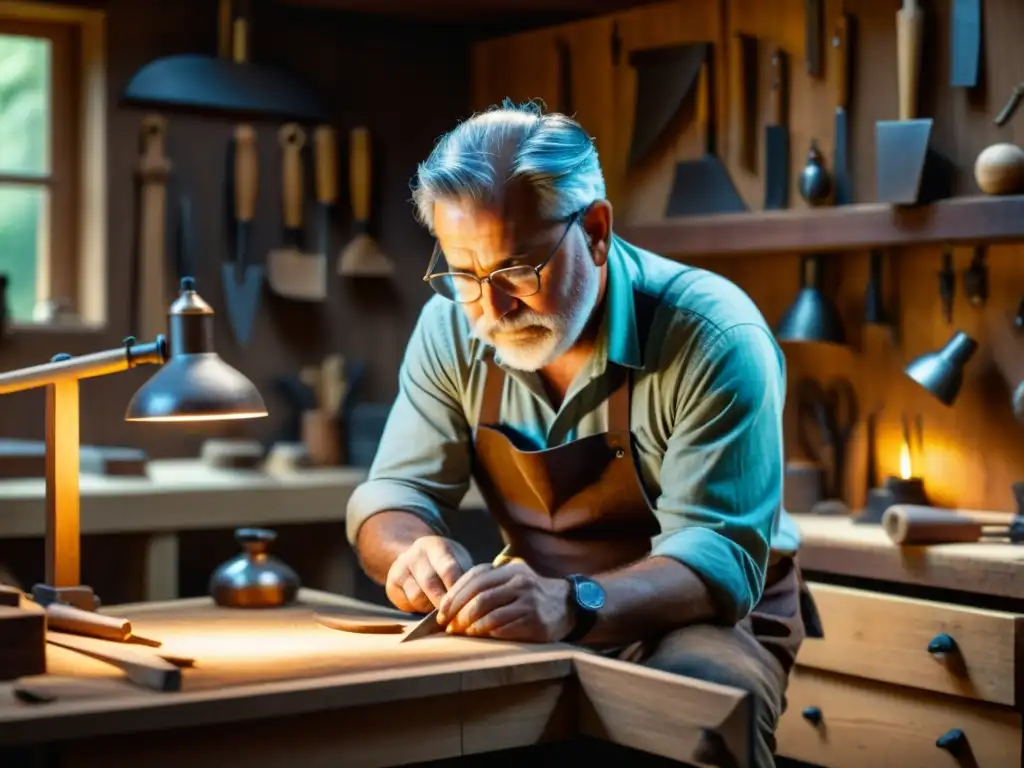 Artesanía tradicional en la era digital: Hábil artesano talla madera en un taller con herramientas tradicionales y luz tenue