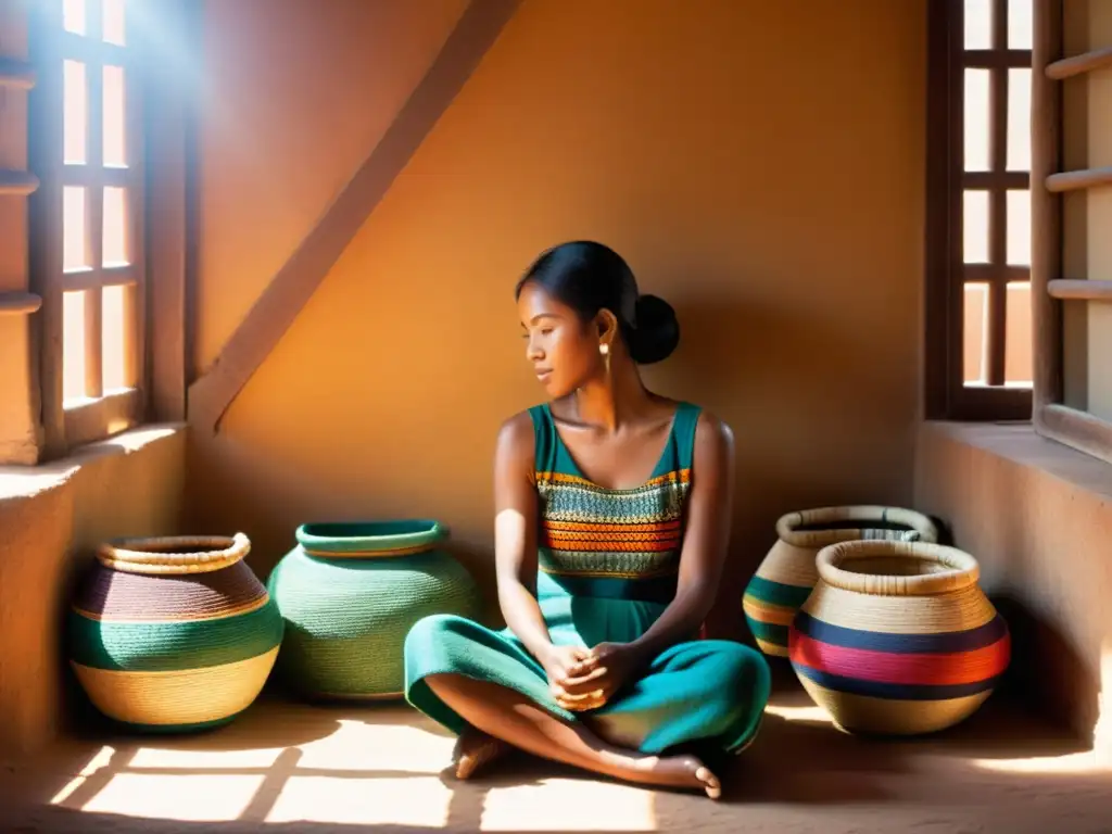 Artesanía tradicional en la era digital: artesano tejiendo cestas rodeado de colores y patrones, con luz cálida