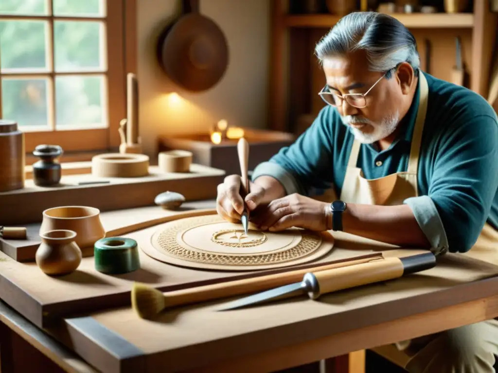 Artesanía tradicional en la era digital: Fotografía vintage de un artesano trabajando en su taller, con una cálida luz natural iluminando la escena