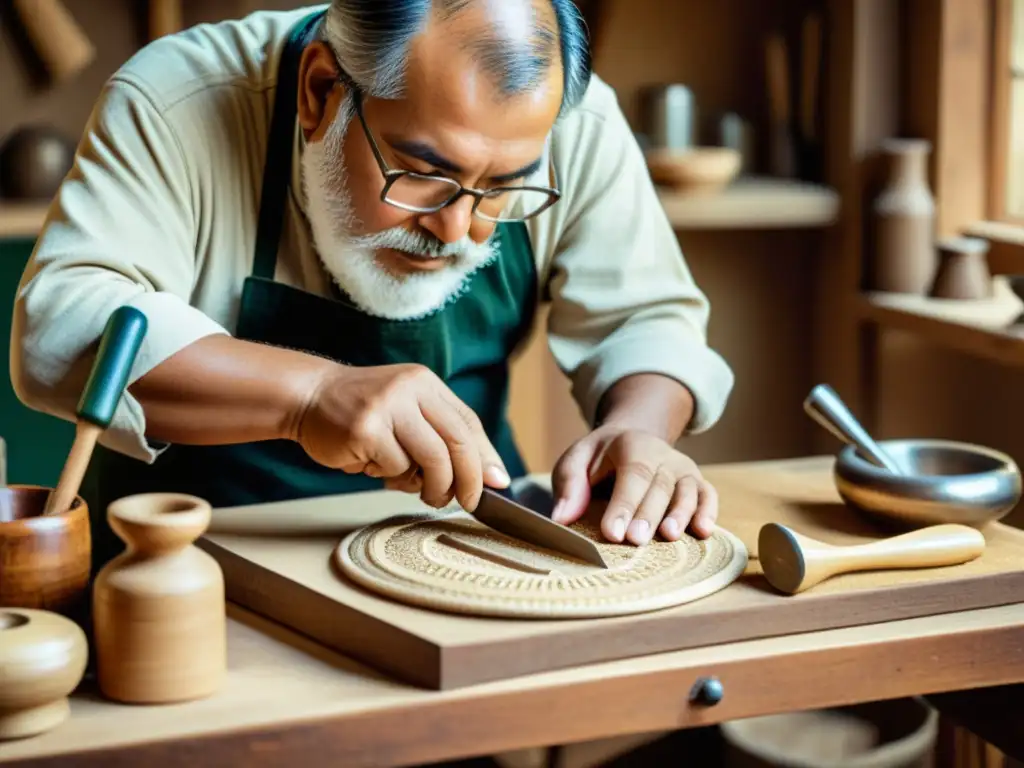 Artesanía tradicional en la era digital: Fotografía vintage de un artesano creando manualidades con detalle y calidez