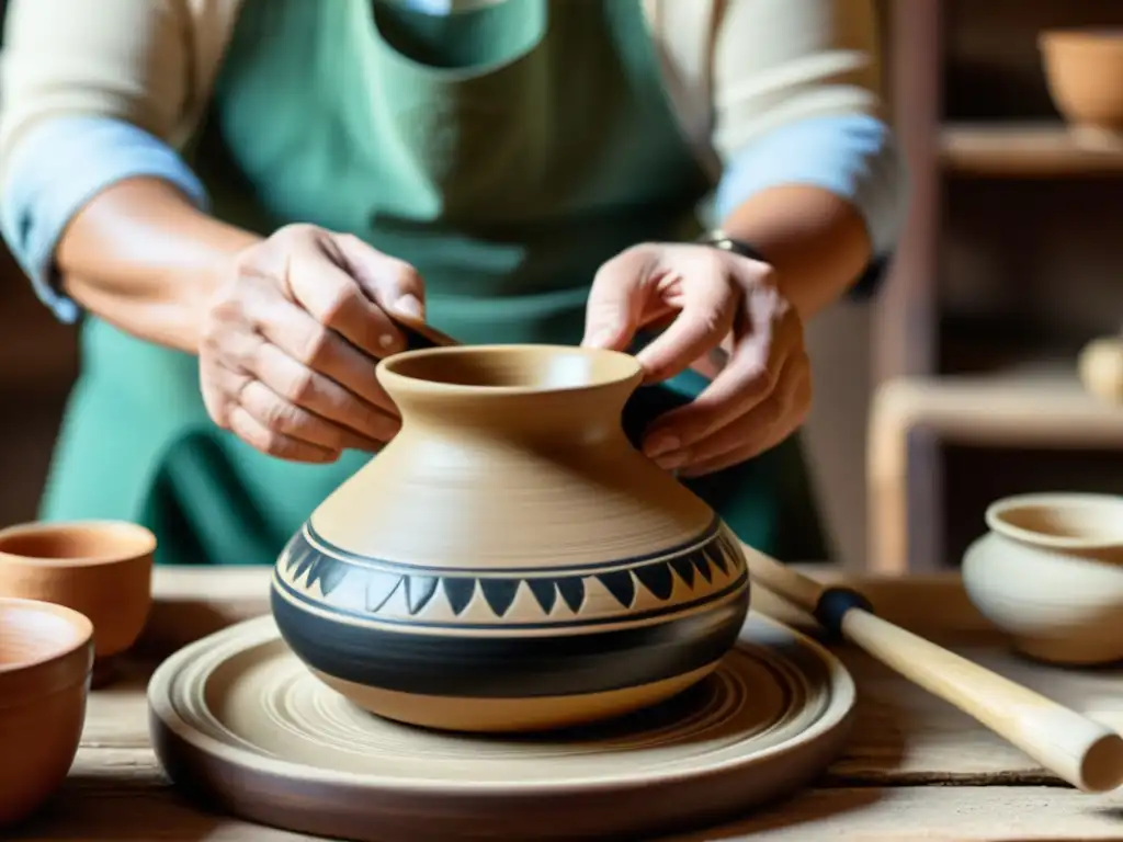 Artesanía tradicional en la era digital: Un artesano crea con cuidado en un taller acogedor, bañado en cálida luz natural